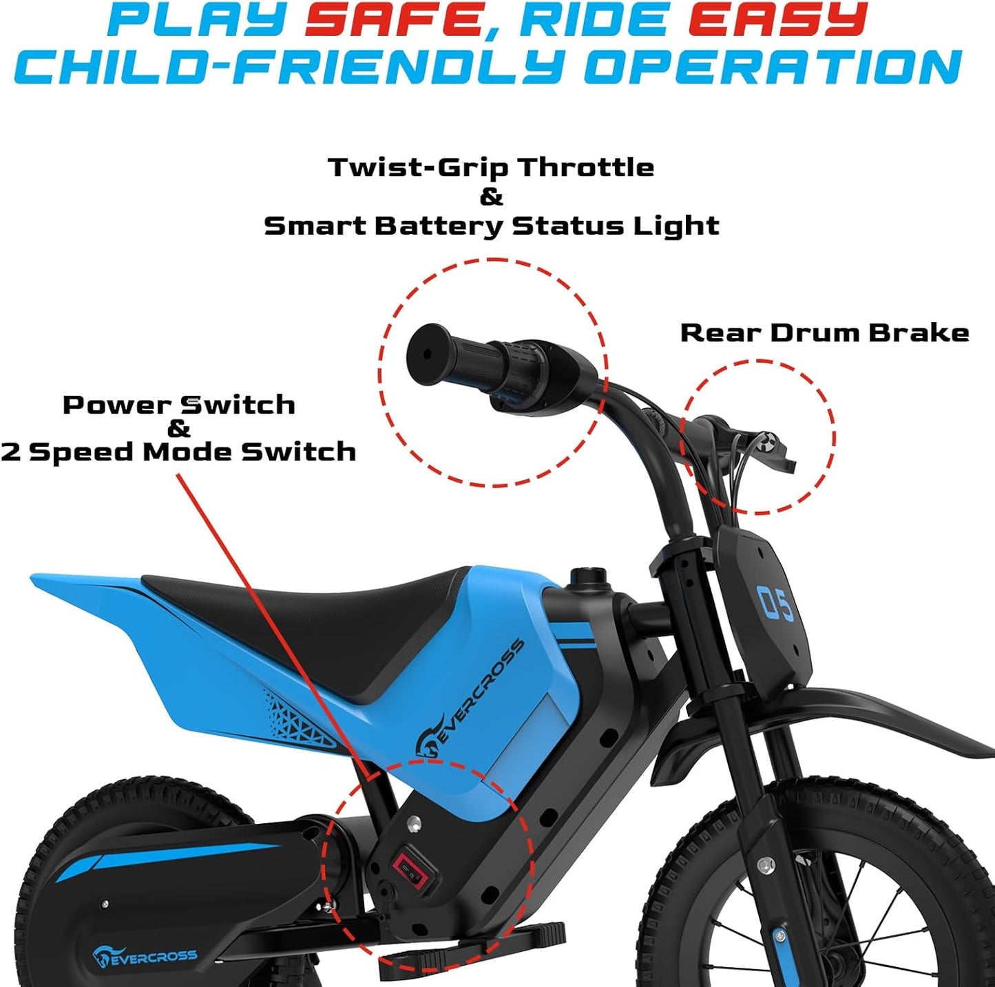 EVERCROSS EV05M Electric Motorcycle for Kids, 150W Kids Ride On Motorcycle, 8/16 km/h Speed Modes & 10 km Long-Range Electric Motorcycle, 12'' Moto Cross for Kids Aged 3-12 Years