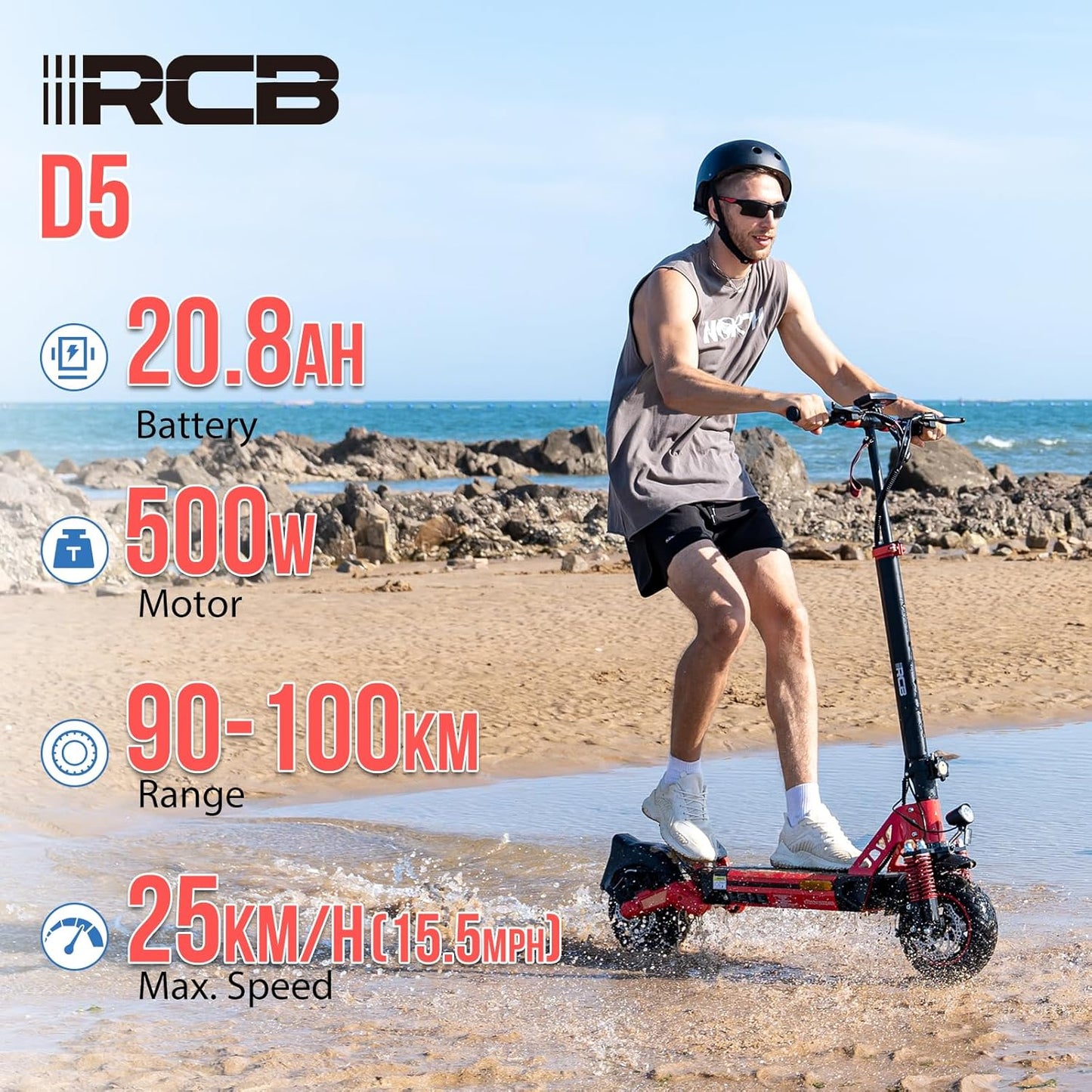 RCB D5 Electric Scooter Adults, E-Scooter, 90-110KM Range, 20.8Ah/27Ah Battery, 500W Motor, 3 Speed Modes,10" Flatproof Tires, APP Control, Double Suspension, Double Brakes, Foldable Electric Scooter