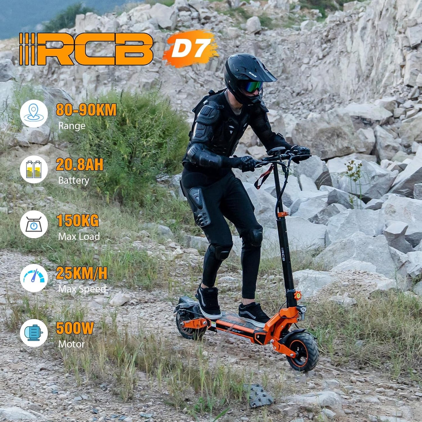 RCB D7 Electric Scooter, 27Ah/90-100KM, 20.8AH/80-90KM; MAX. 25 km/h, 500W Motor, 10" Vacuum Tires, APP Control, Max Load 150 kg, 3 Speed Settings, Foldable, Double Brake, Double Shock Absorber