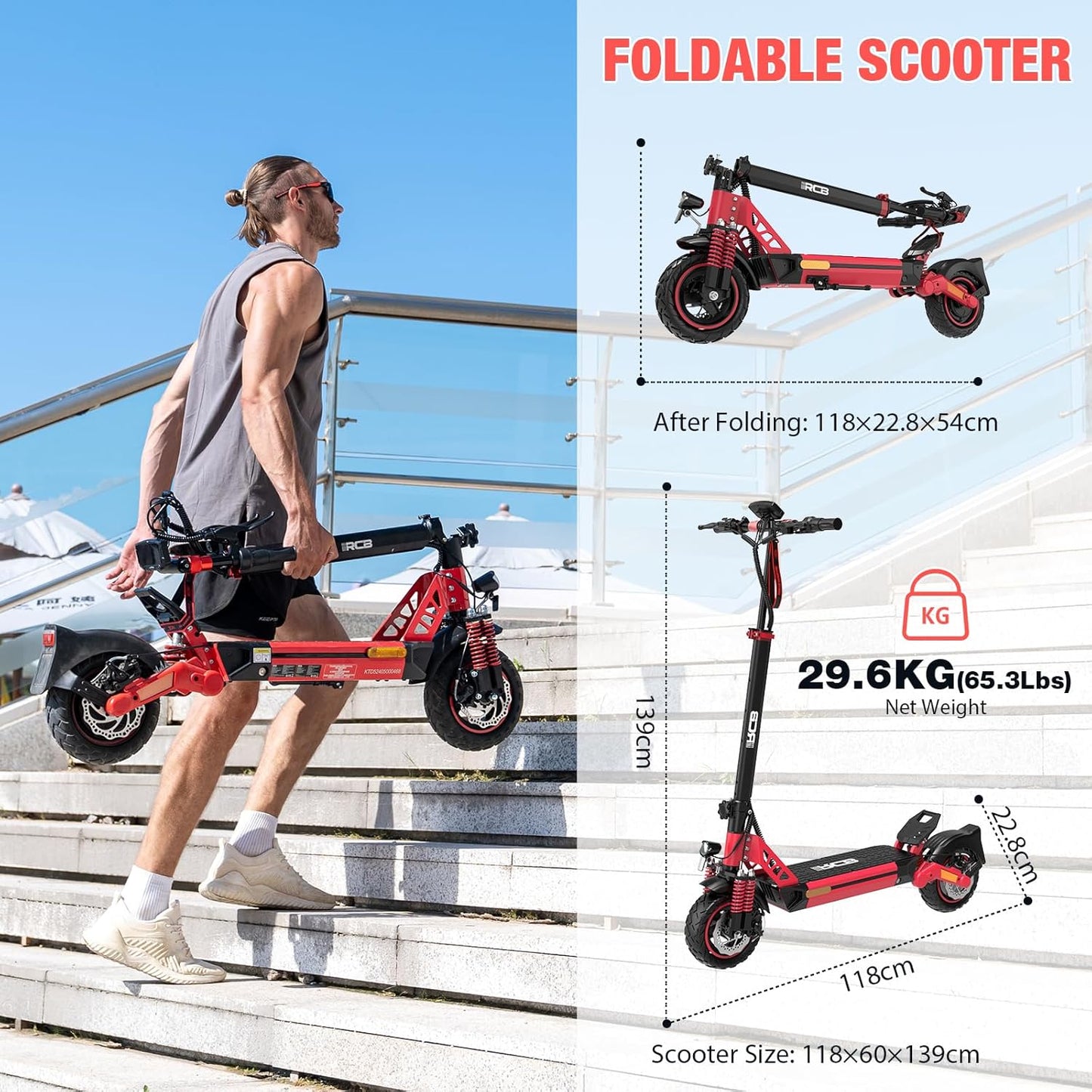 RCB D5 Electric Scooter Adults, E-Scooter, 90-110KM Range, 20.8Ah/27Ah Battery, 500W Motor, 3 Speed Modes,10" Flatproof Tires, APP Control, Double Suspension, Double Brakes, Foldable Electric Scooter