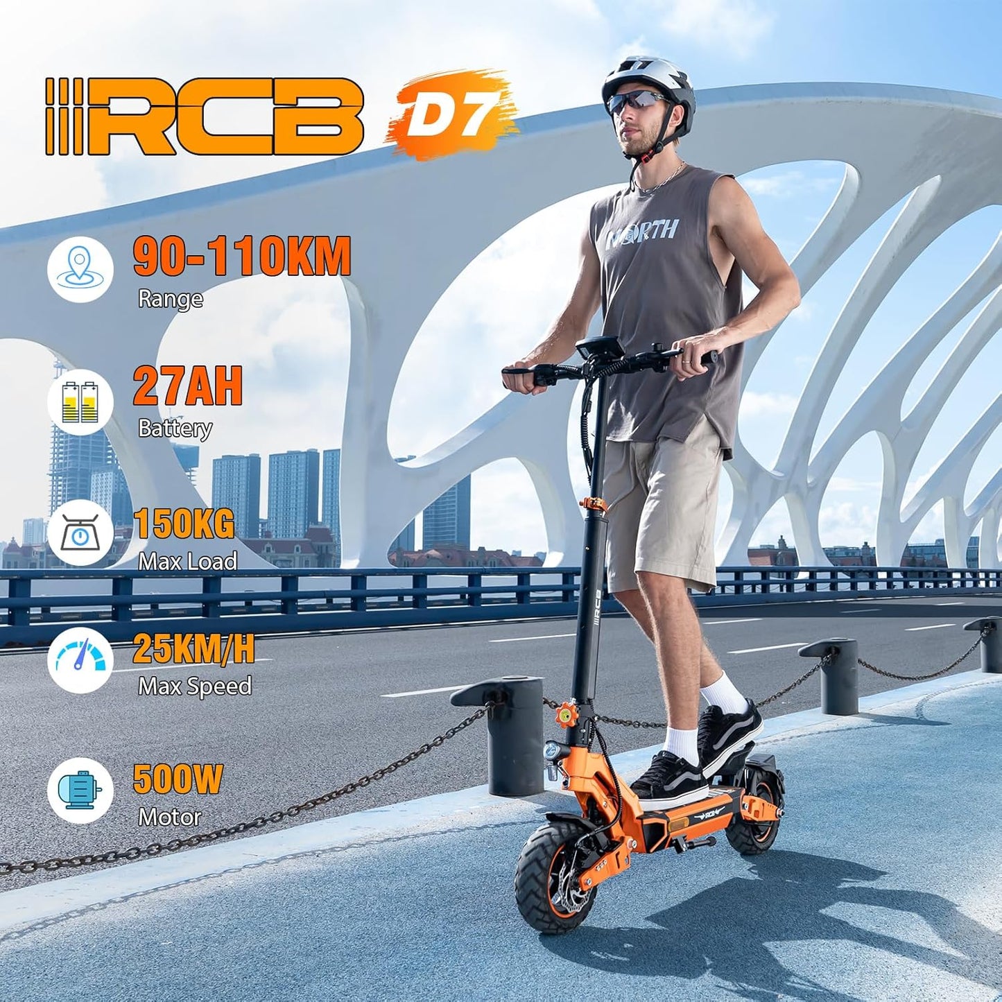 RCB D7 Electric Scooter, 27Ah/90-100KM, 20.8AH/80-90KM; MAX. 25 km/h, 500W Motor, 10" Vacuum Tires, APP Control, Max Load 150 kg, 3 Speed Settings, Foldable, Double Brake, Double Shock Absorber