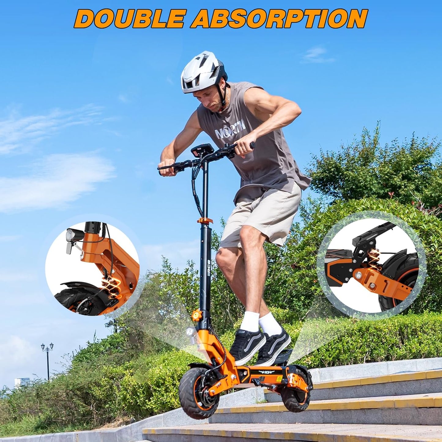 RCB D7 Electric Scooter, 27Ah/90-100KM, 20.8AH/80-90KM; MAX. 25 km/h, 500W Motor, 10" Vacuum Tires, APP Control, Max Load 150 kg, 3 Speed Settings, Foldable, Double Brake, Double Shock Absorber