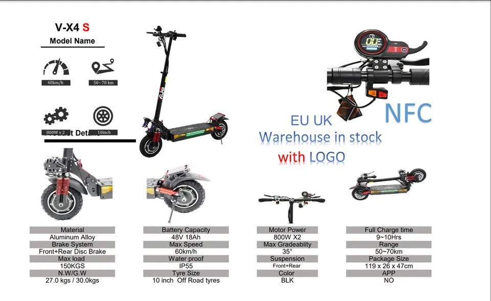 VICAN VX4 Folding Electric Scooter 1600W Dual Motor 48V 18Ah 10in Off Road Powerful